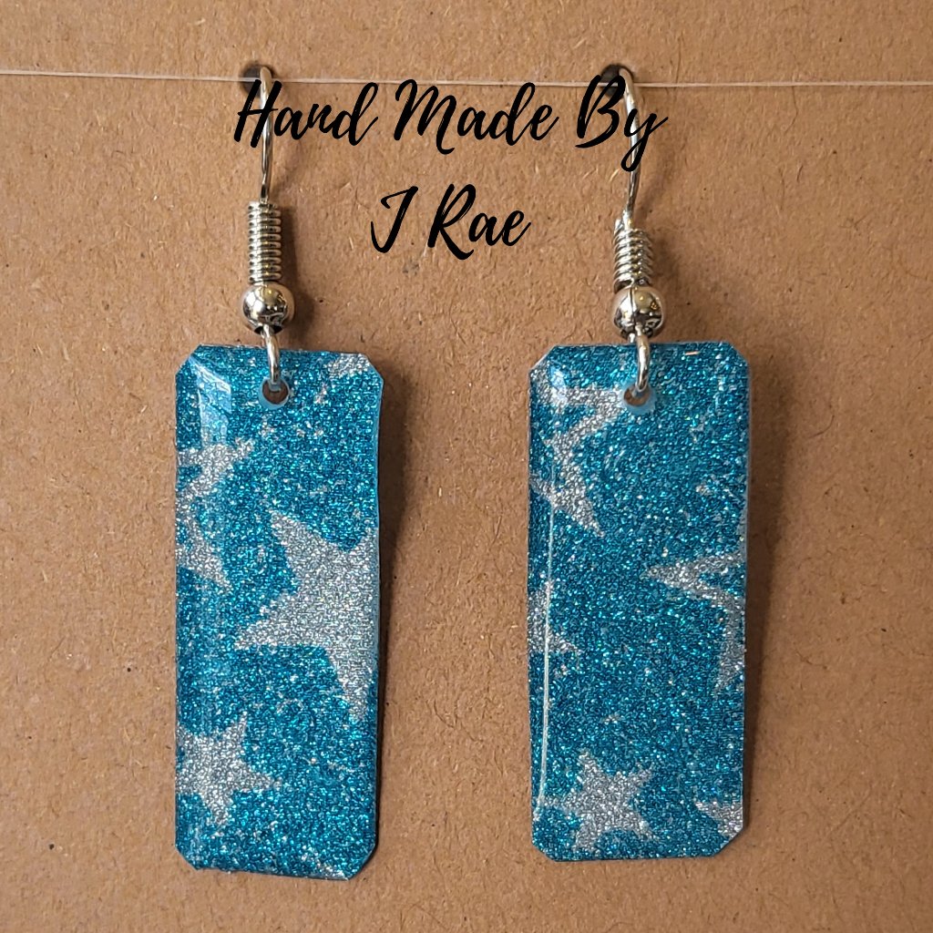 Hand Made By J Rae Silver Stars And Blue Sparkles Earrings. Style E1008